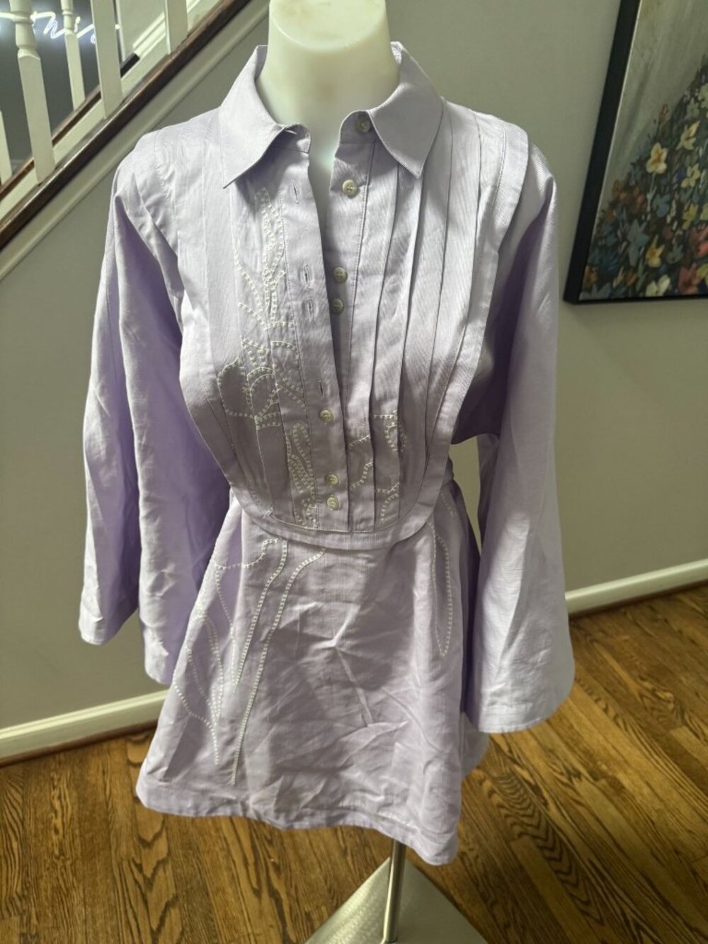 LEE MATHEWS Linen Embroidered Long Puff Sleeve Collared Mini Dress Purple 1